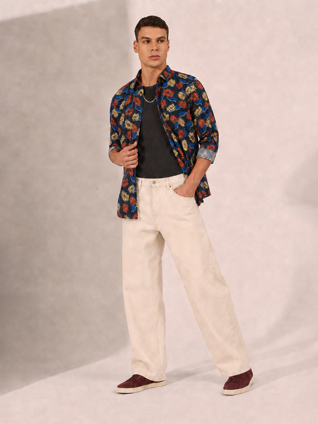 Men’s Tropical Printed Navy Blue Slim Fit Long Sleeves Shirt with Spread Collar