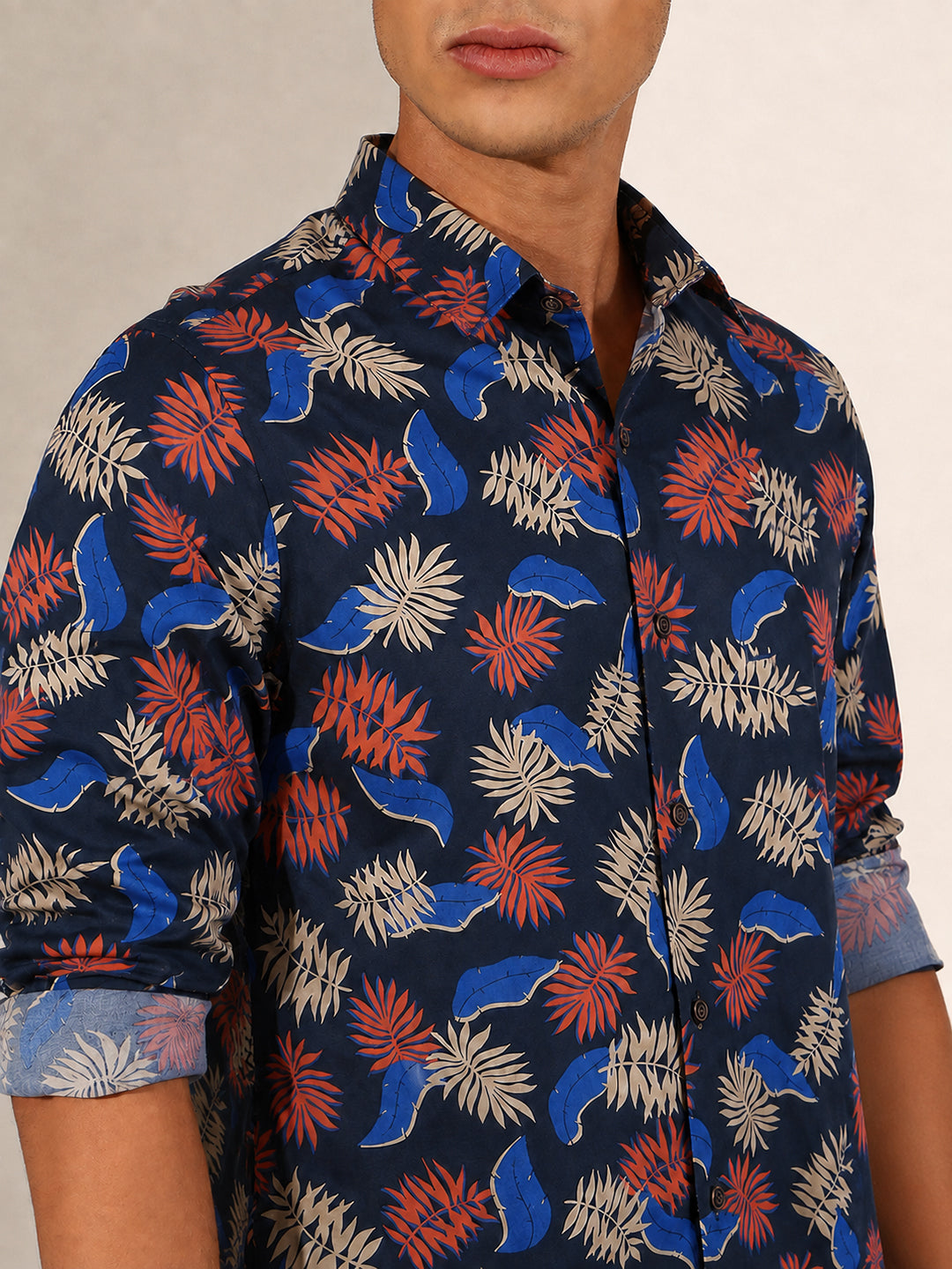 Men’s Tropical Printed Navy Blue Slim Fit Long Sleeves Shirt with Spread Collar