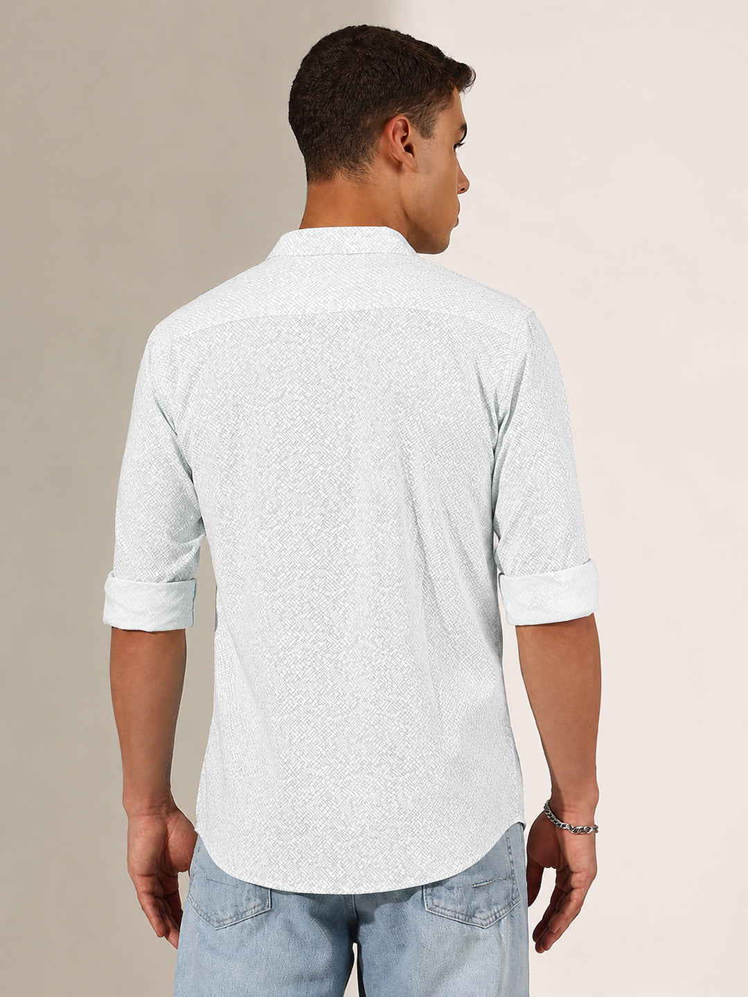 Men’s Geometric Printed White Long Sleeves Casual Shirt with Spread Collar