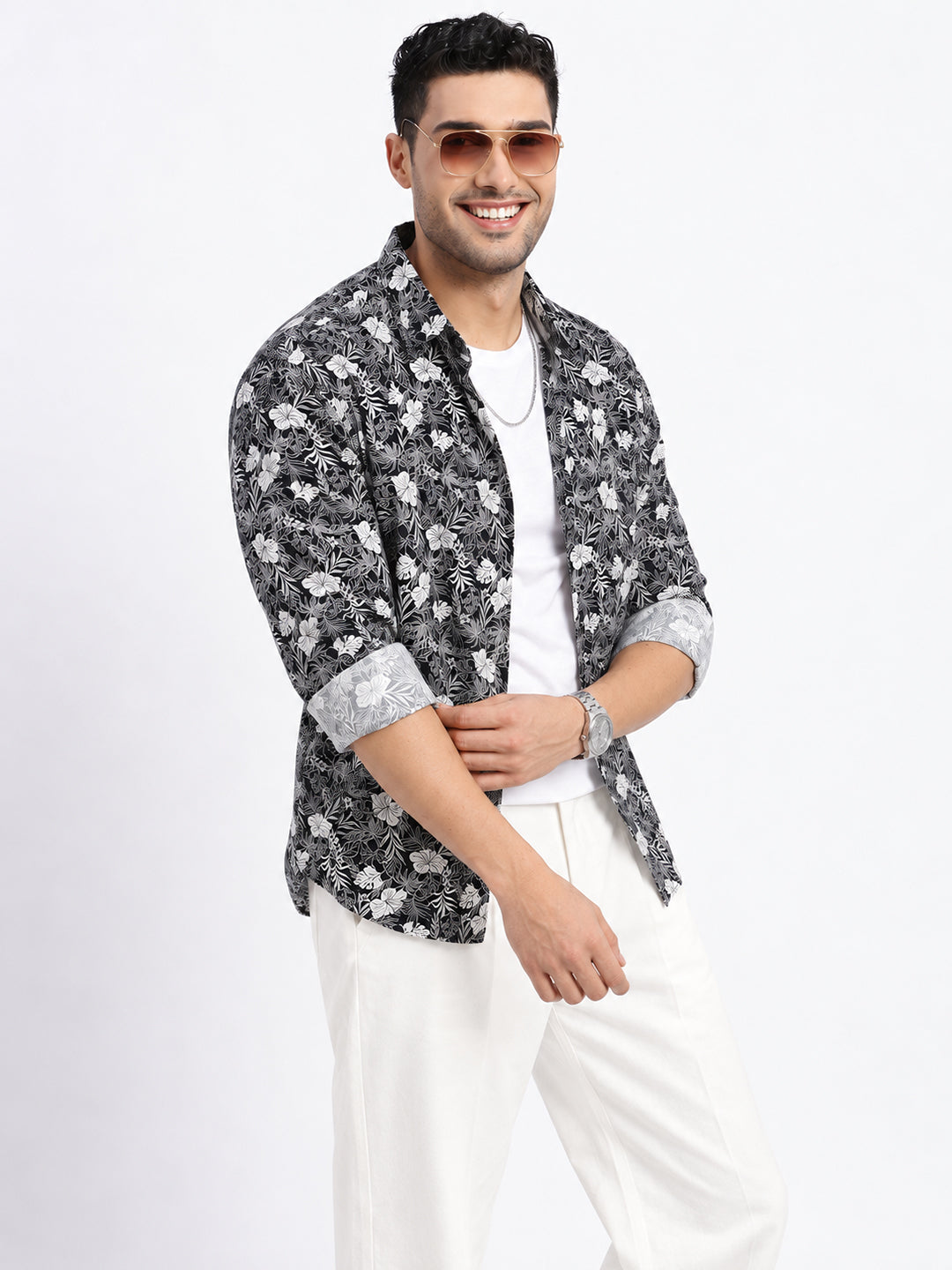 Men’s Floral Printed Navy Blue Slim Fit Long Sleeves Casual Shirt