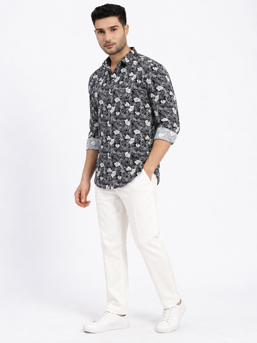 Men’s Floral Printed Navy Blue Slim Fit Long Sleeves Casual Shirt