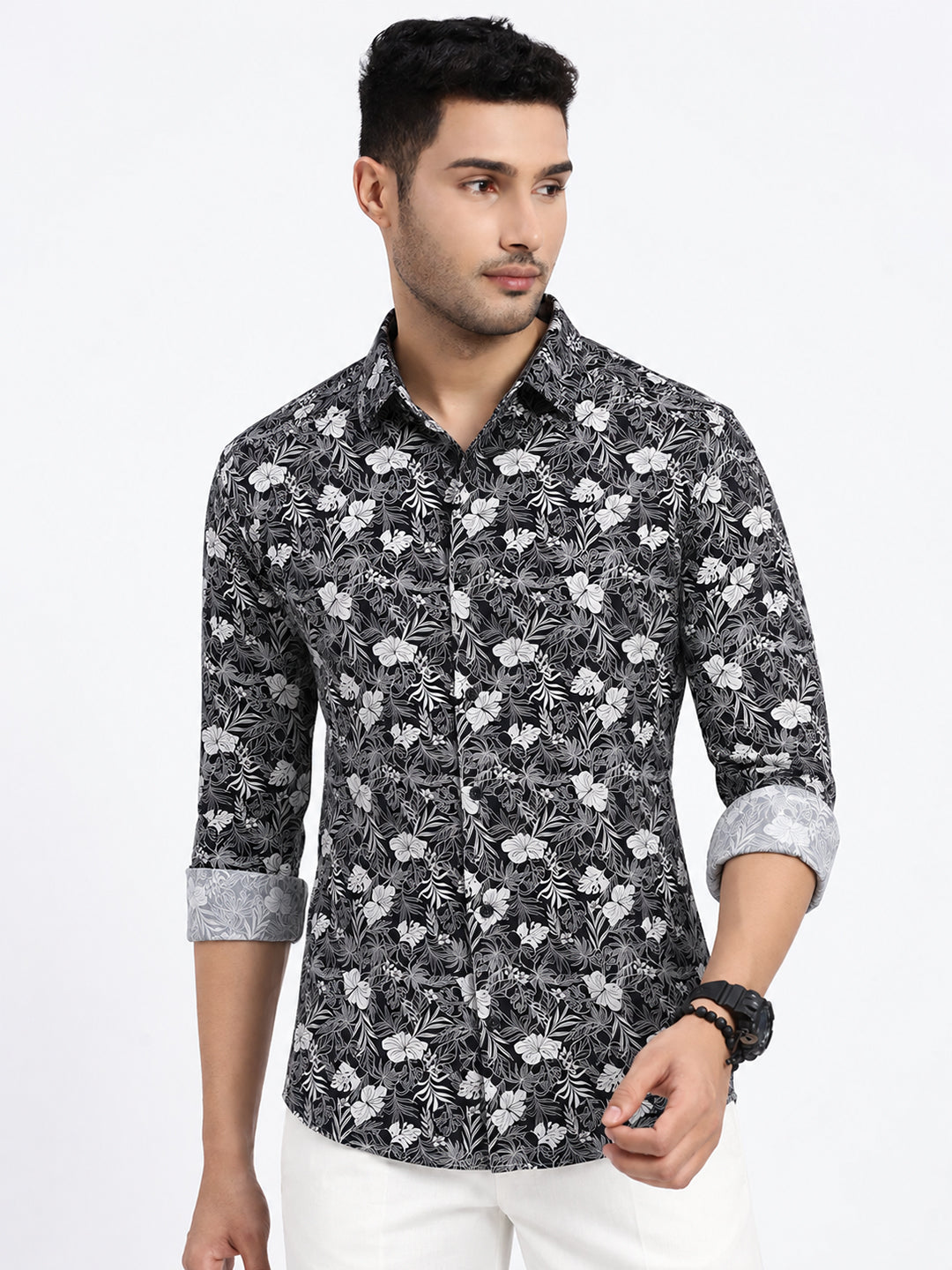 Men’s Floral Printed Navy Blue Slim Fit Long Sleeves Casual Shirt