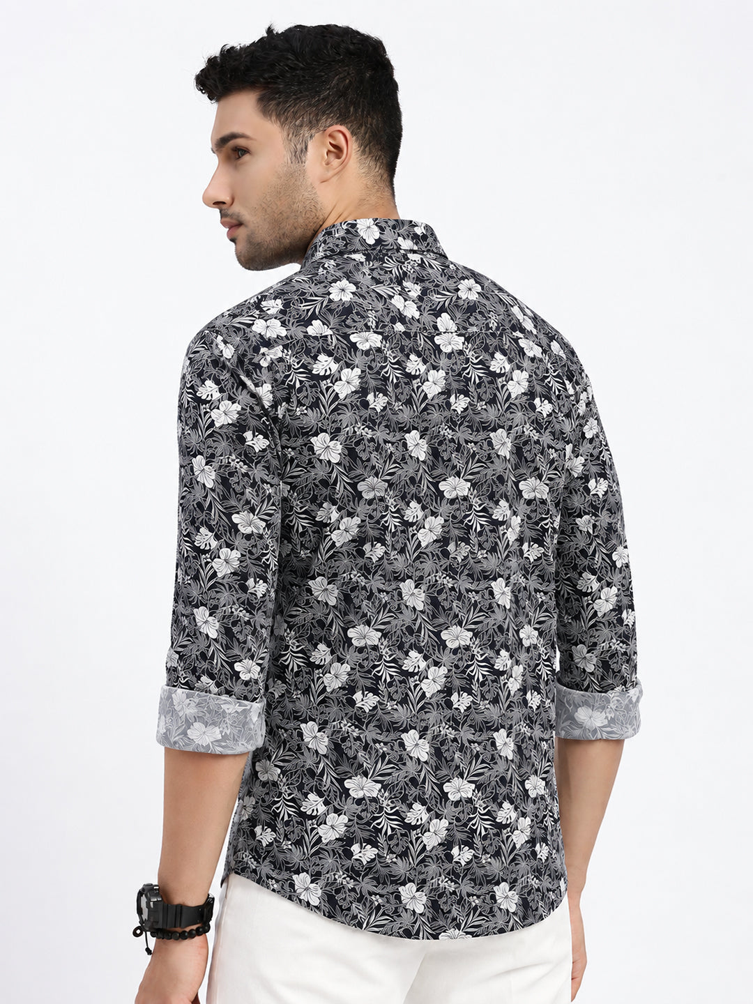 Men’s Floral Printed Navy Blue Slim Fit Long Sleeves Casual Shirt