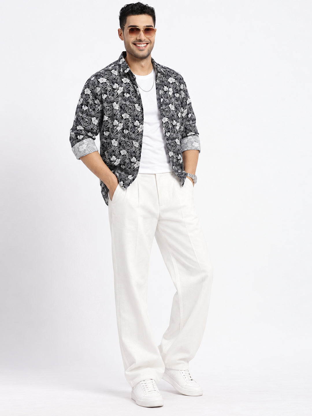 Men’s Floral Printed Navy Blue Slim Fit Long Sleeves Casual Shirt