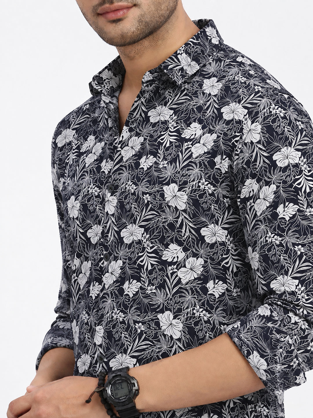 Men’s Floral Printed Navy Blue Slim Fit Long Sleeves Casual Shirt