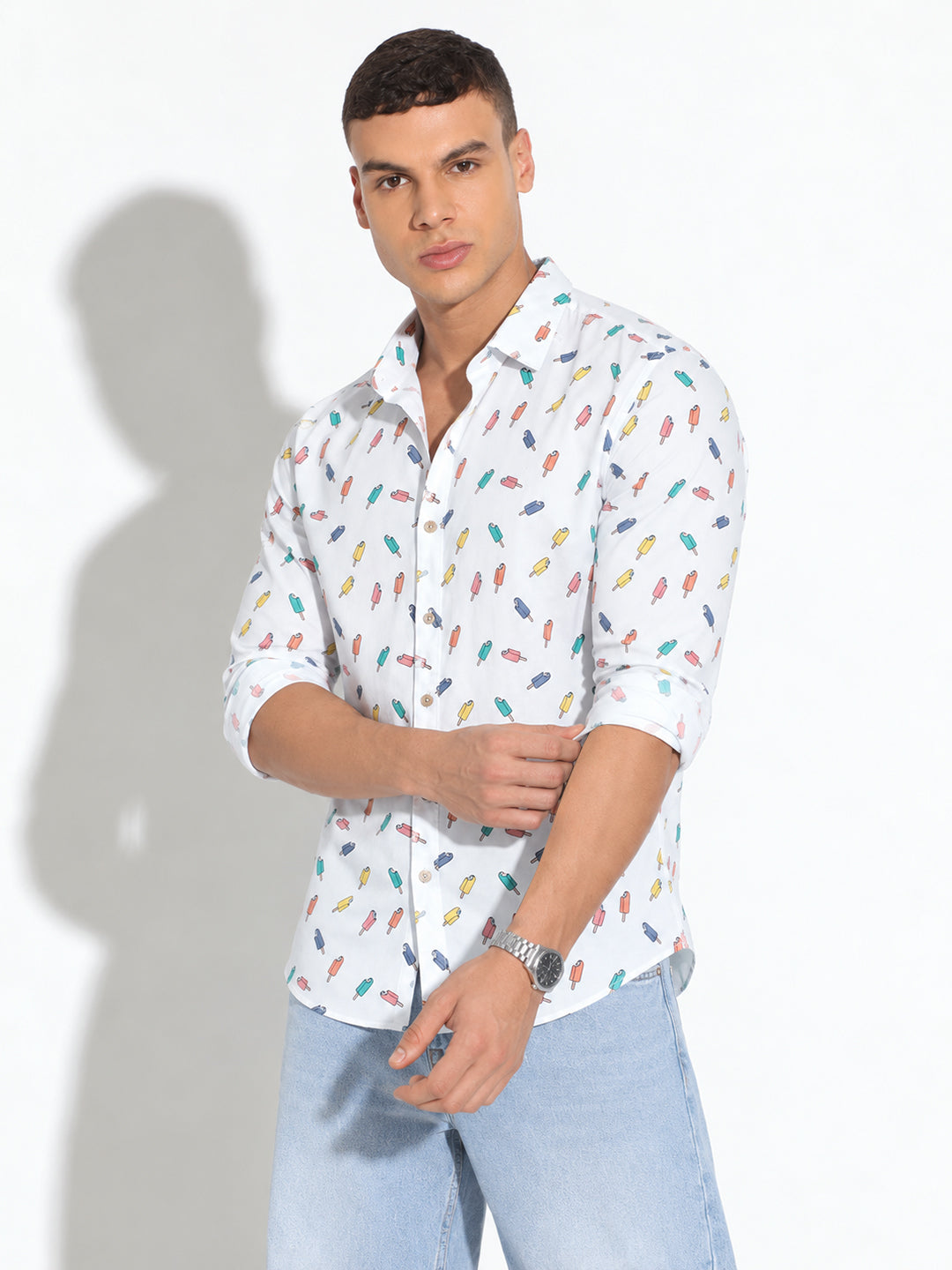 Men’s Graphic Printed Blue Slim Fit Long Sleeves Casual Shirt