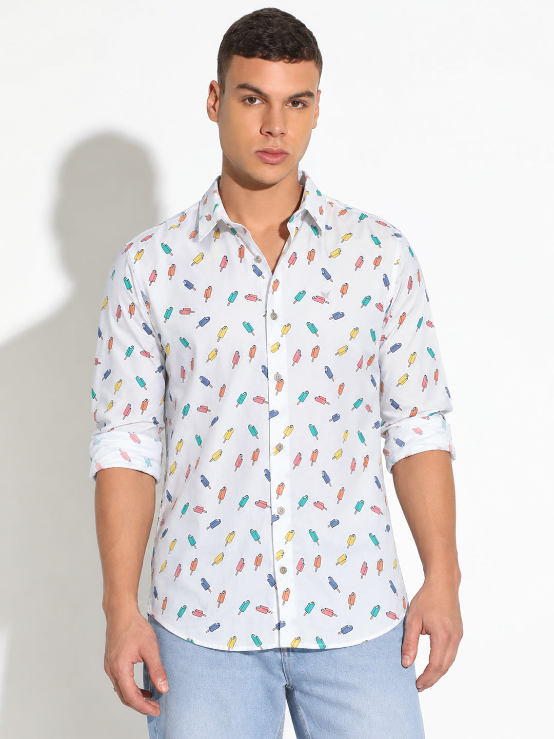 Men’s Graphic Printed Blue Slim Fit Long Sleeves Casual Shirt
