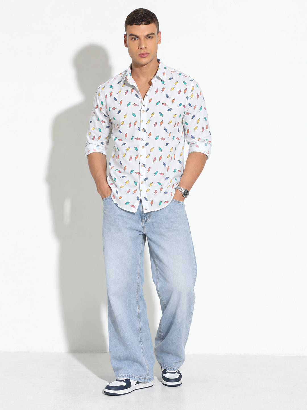 Men’s Graphic Printed Blue Slim Fit Long Sleeves Casual Shirt