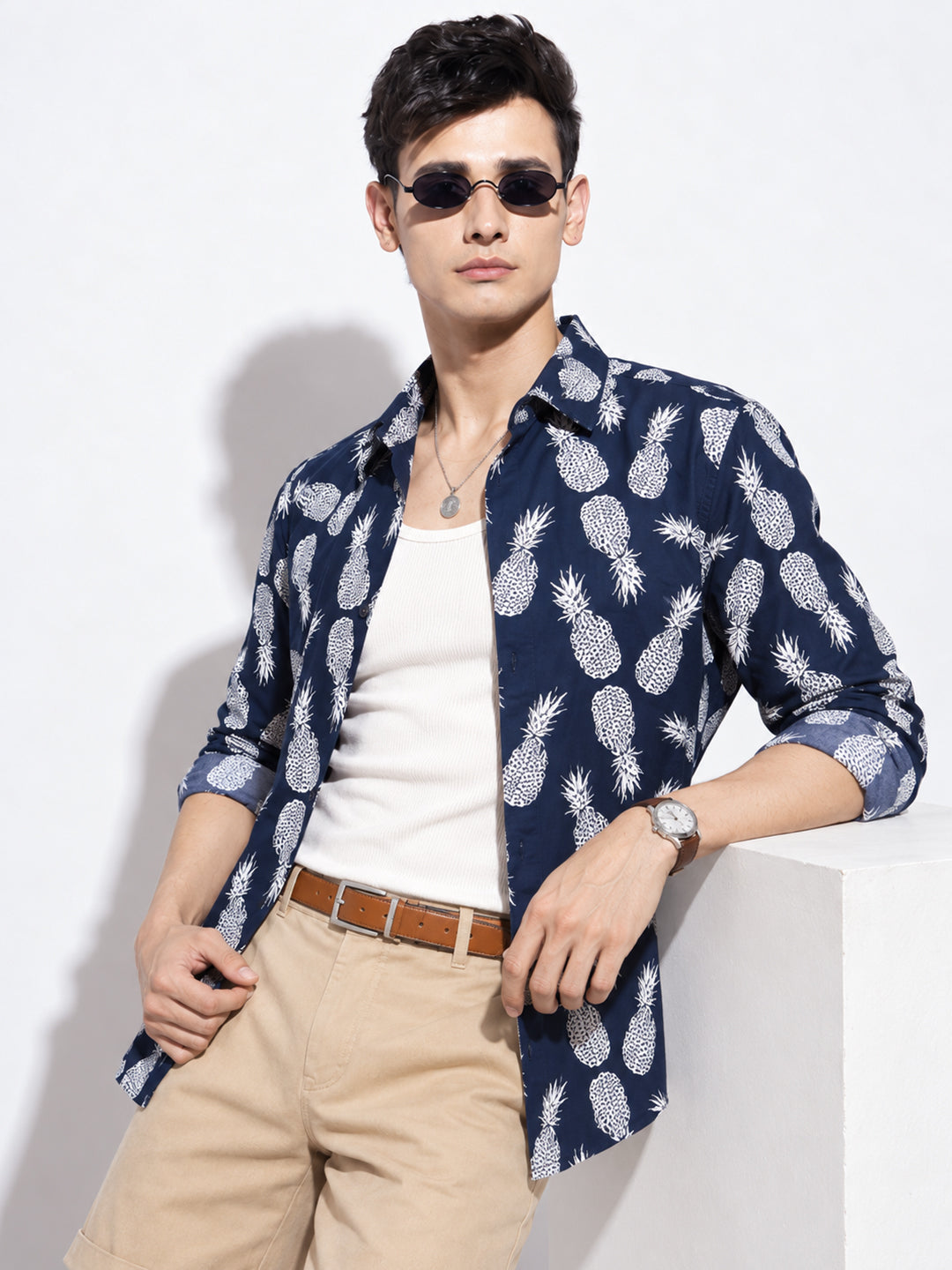 Men’s Graphic Printed Navy Blue Slim Fit Long Sleeves Casual Shirt