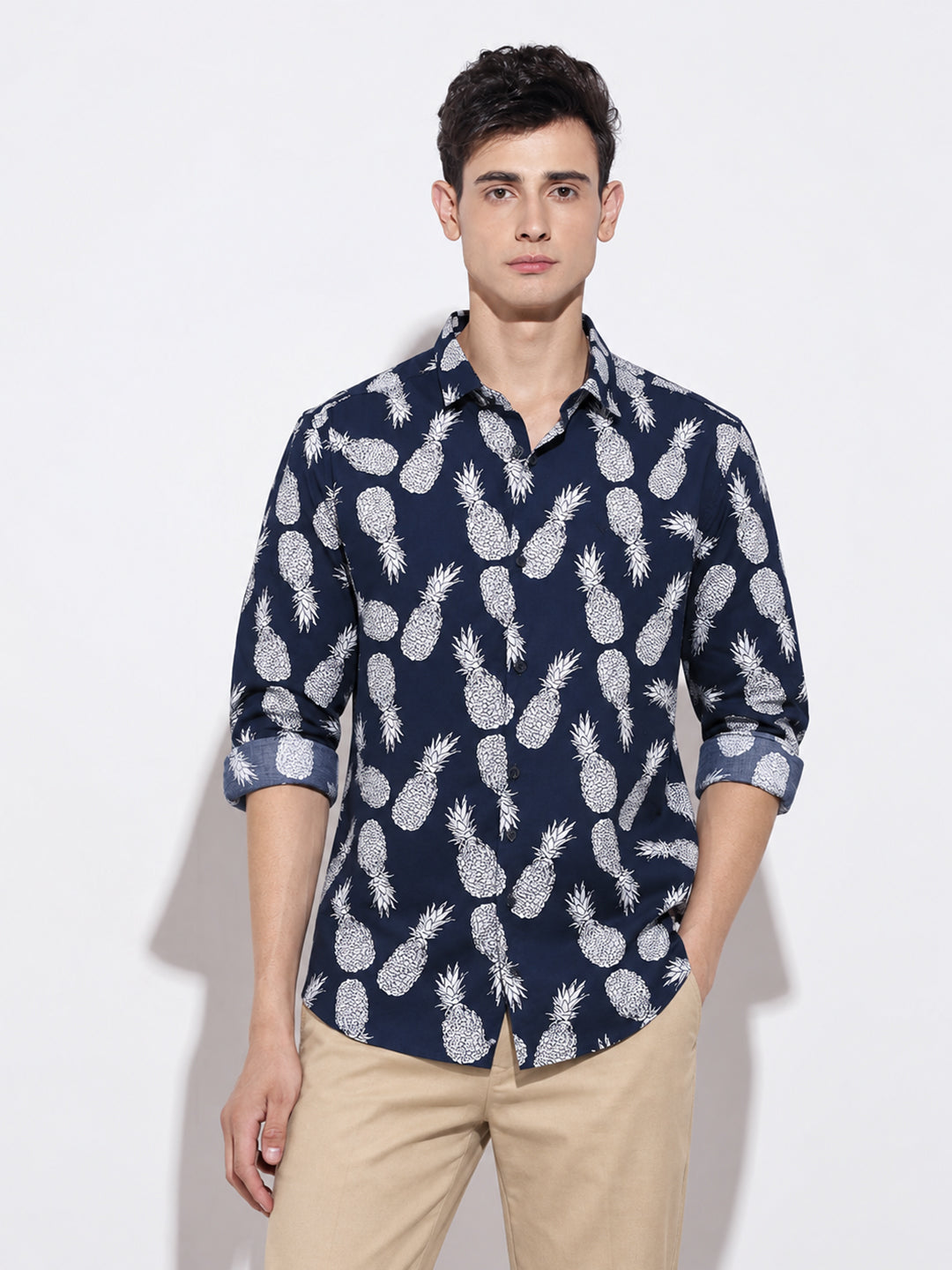 Men’s Graphic Printed Navy Blue Slim Fit Long Sleeves Casual Shirt