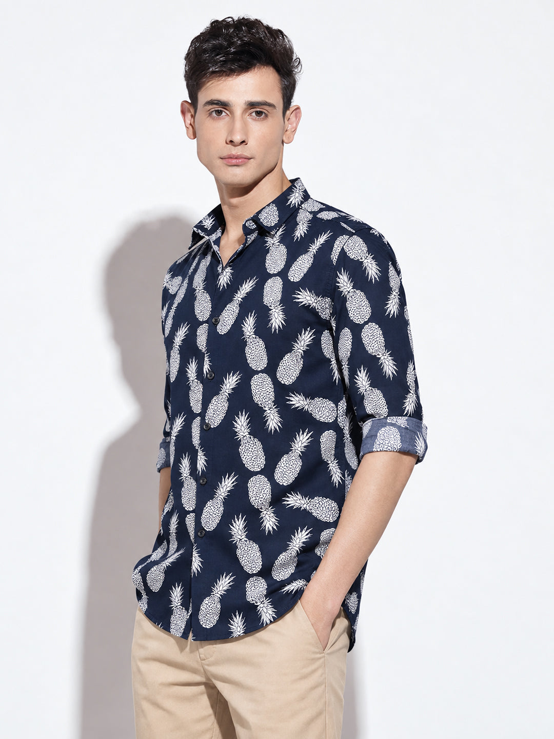 Men’s Graphic Printed Navy Blue Slim Fit Long Sleeves Casual Shirt