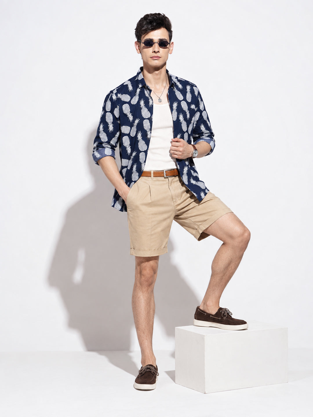 Men’s Graphic Printed Navy Blue Slim Fit Long Sleeves Casual Shirt