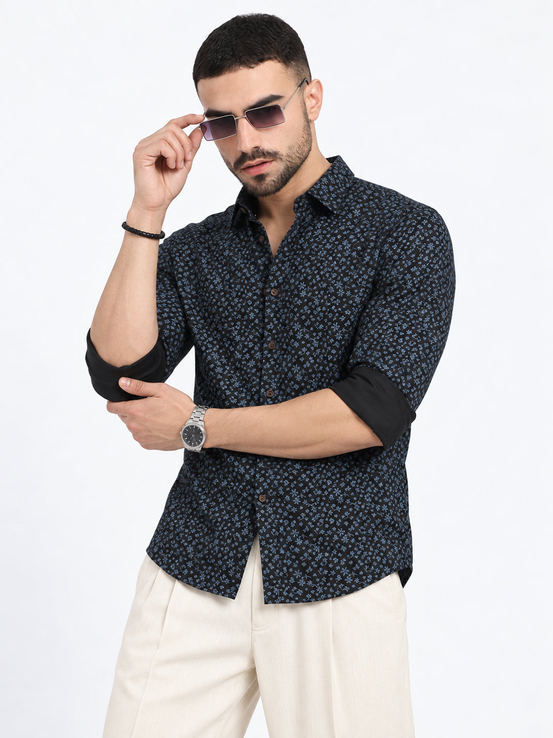 Men’s Micro Floral Printed Navy Blue Slim Fit Shirt