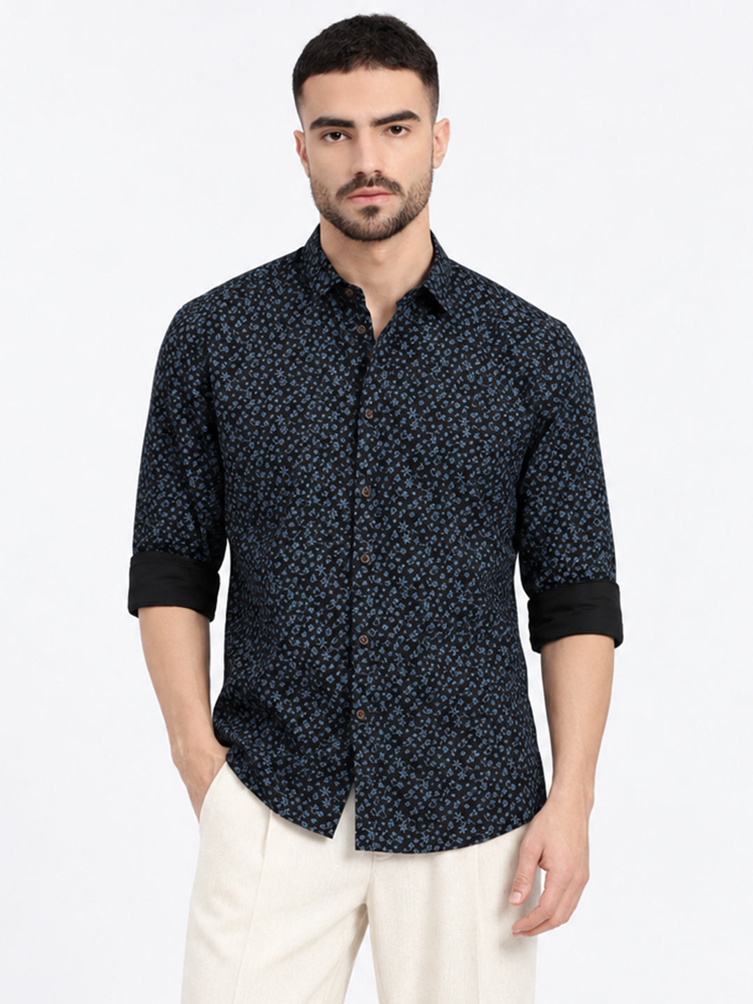 Men’s Micro Floral Printed Navy Blue Slim Fit Shirt