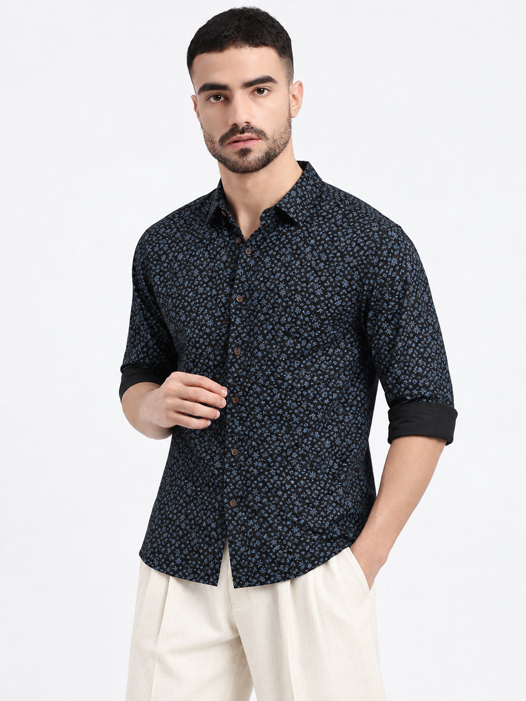 Men’s Micro Floral Printed Navy Blue Slim Fit Shirt