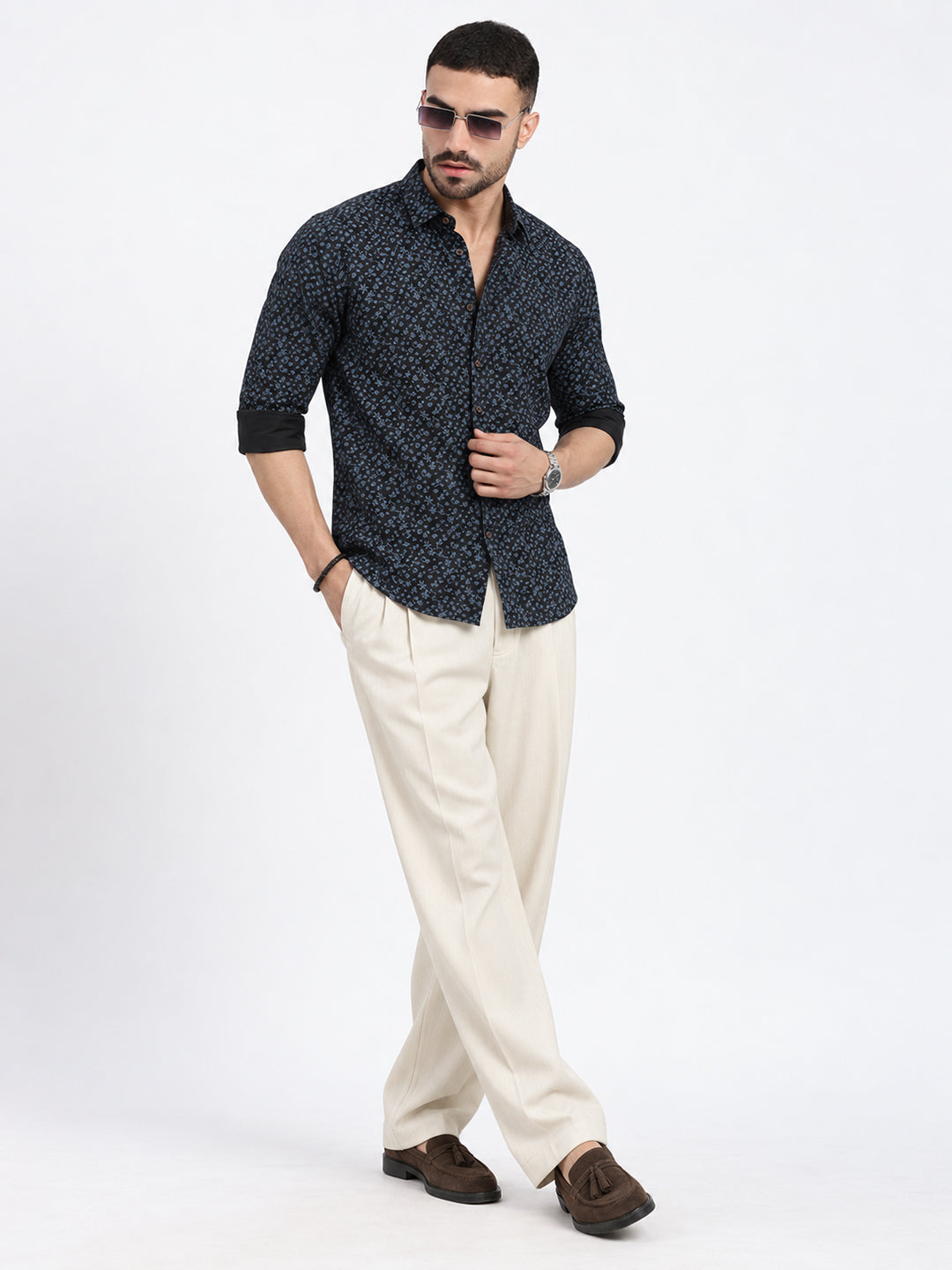 Men’s Micro Floral Printed Navy Blue Slim Fit Shirt