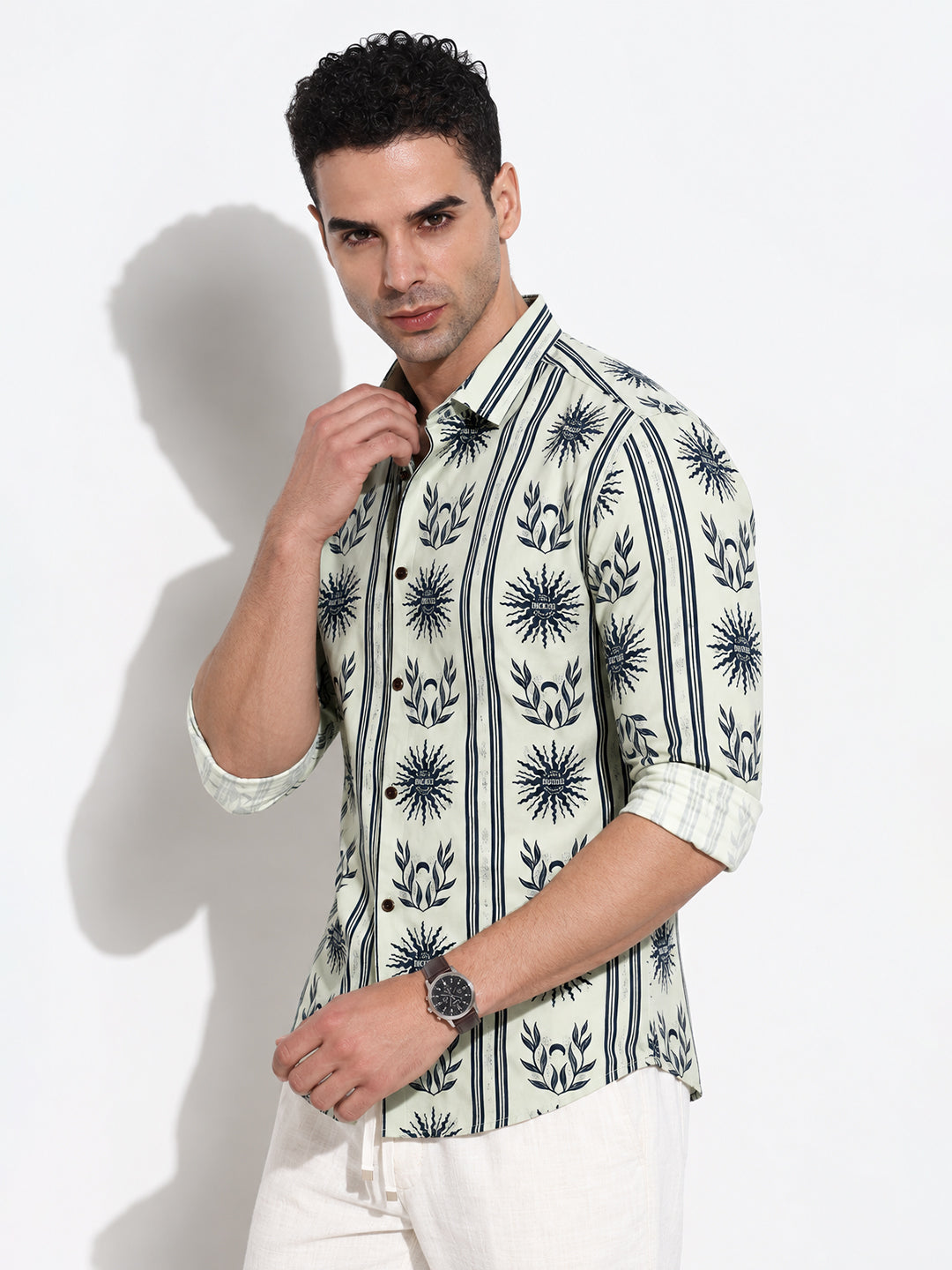 Men’s Printed Green Slim Fit Long Sleeves Shirt