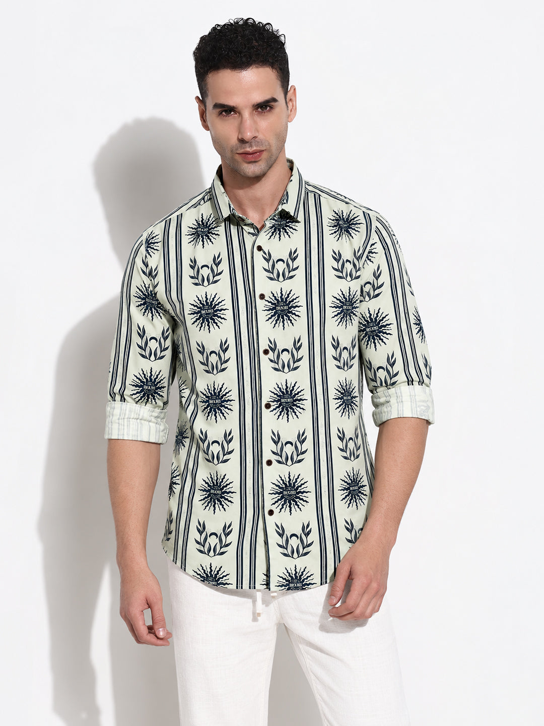 Men’s Printed Green Slim Fit Long Sleeves Shirt