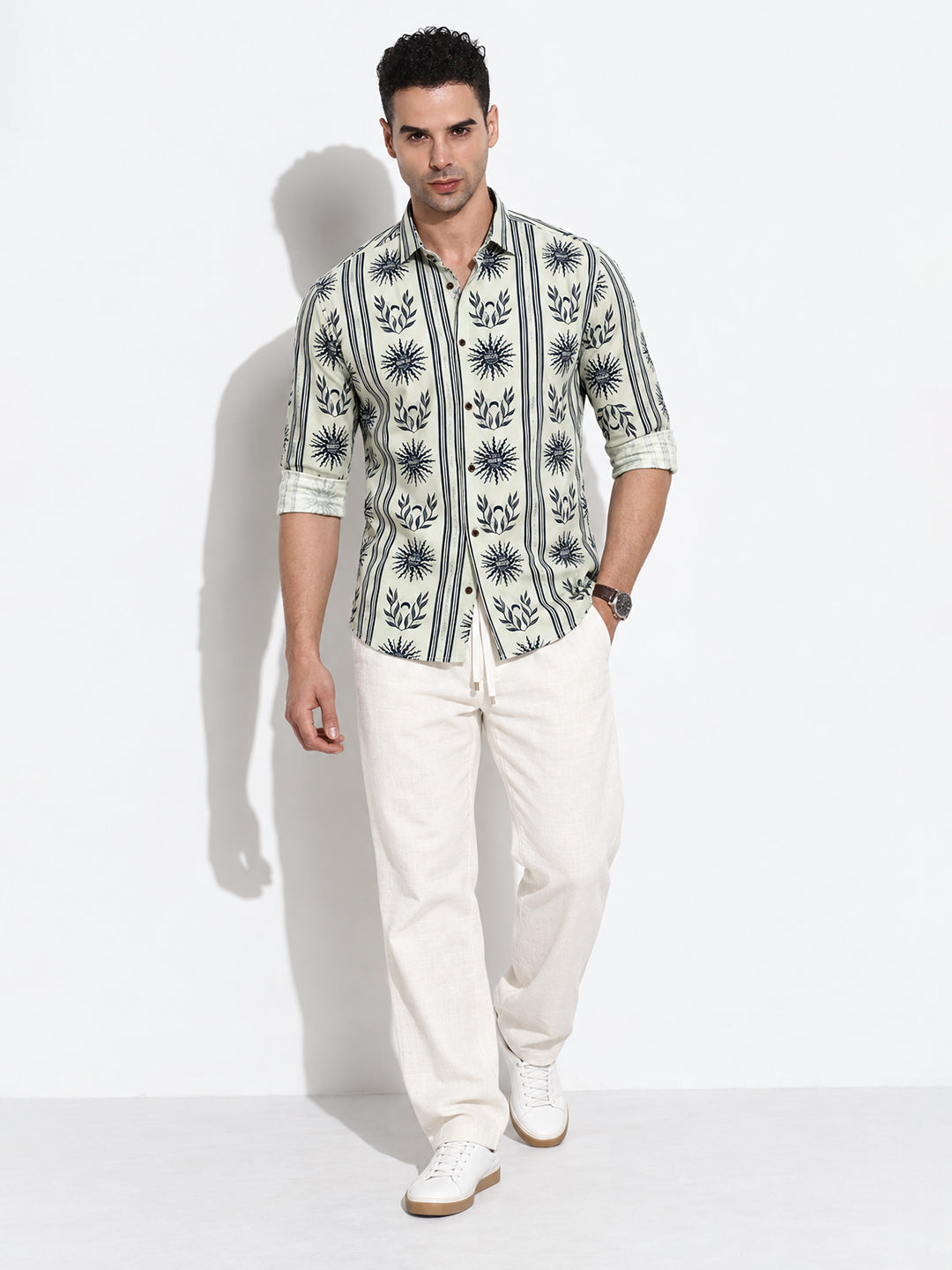 Men’s Printed Green Slim Fit Long Sleeves Shirt