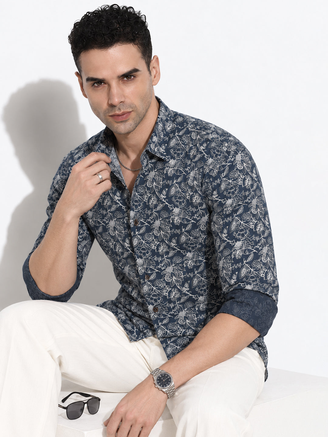 Men’s Floral Printed Navy Blue Slim Fit Long Sleeves Shirt