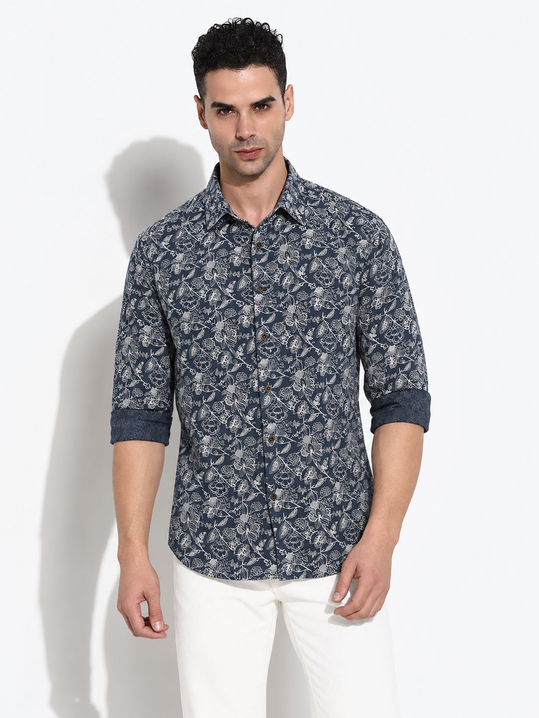 Men’s Floral Printed Navy Blue Slim Fit Long Sleeves Shirt