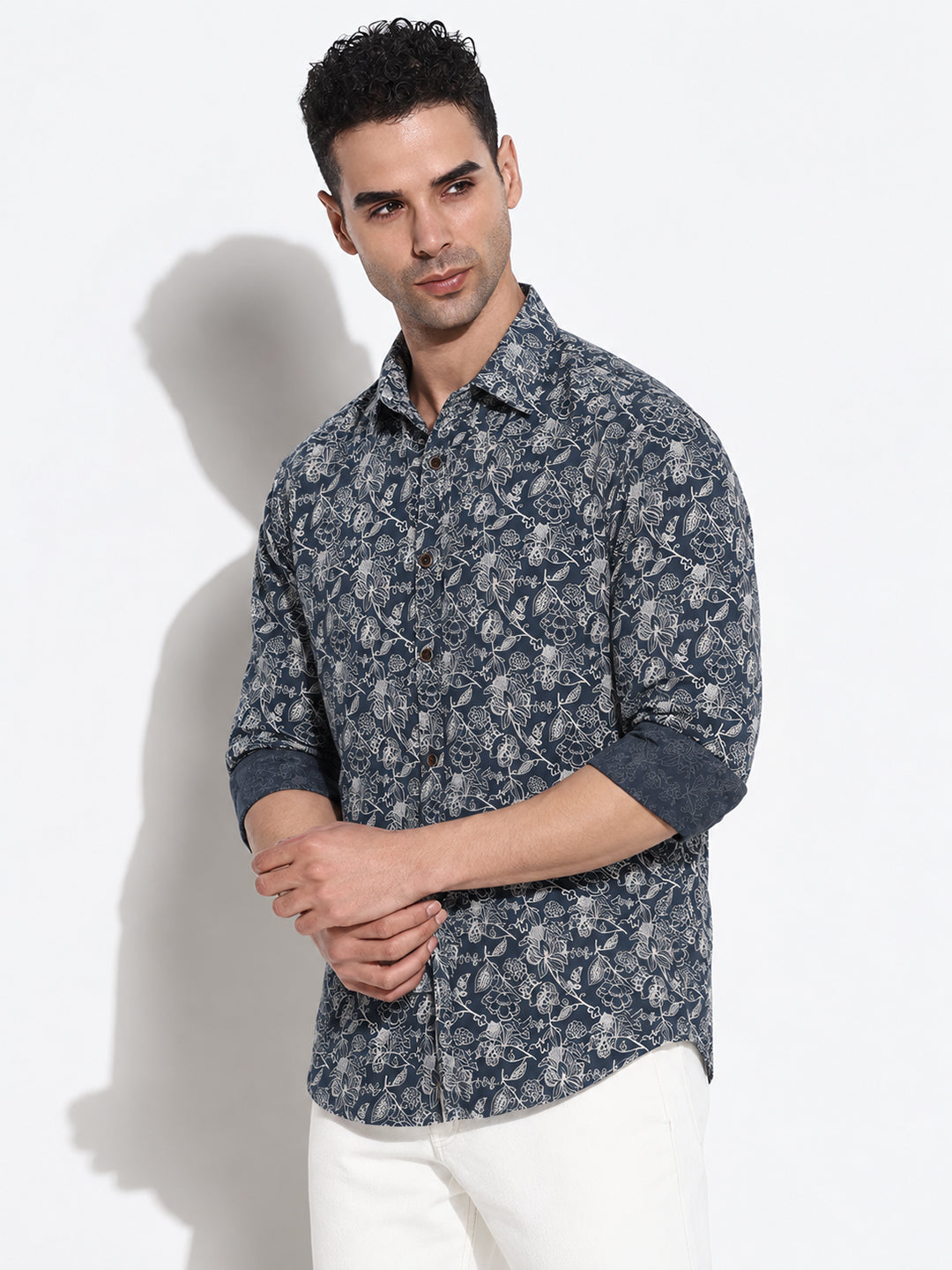 Men’s Floral Printed Navy Blue Slim Fit Long Sleeves Shirt