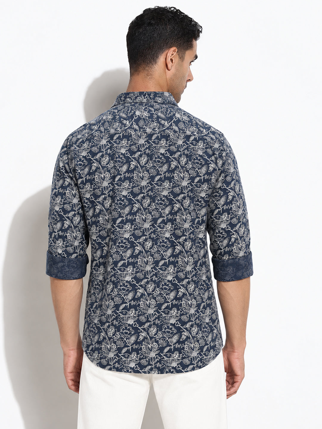 Men’s Floral Printed Navy Blue Slim Fit Long Sleeves Shirt