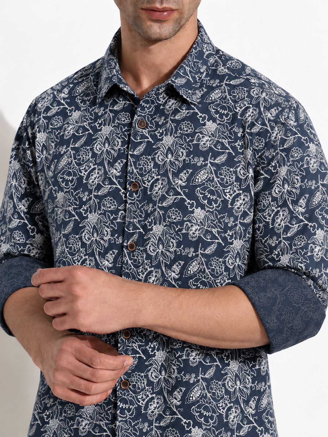 Men’s Floral Printed Navy Blue Slim Fit Long Sleeves Shirt