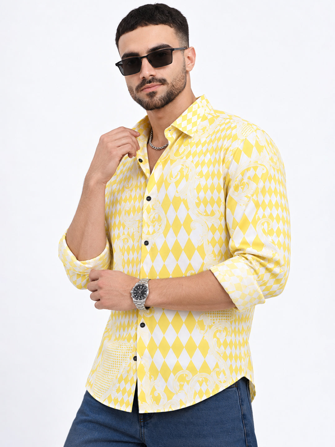 Men’s Printed Yellow Slim Fit Casual Shirt with Spread Collar