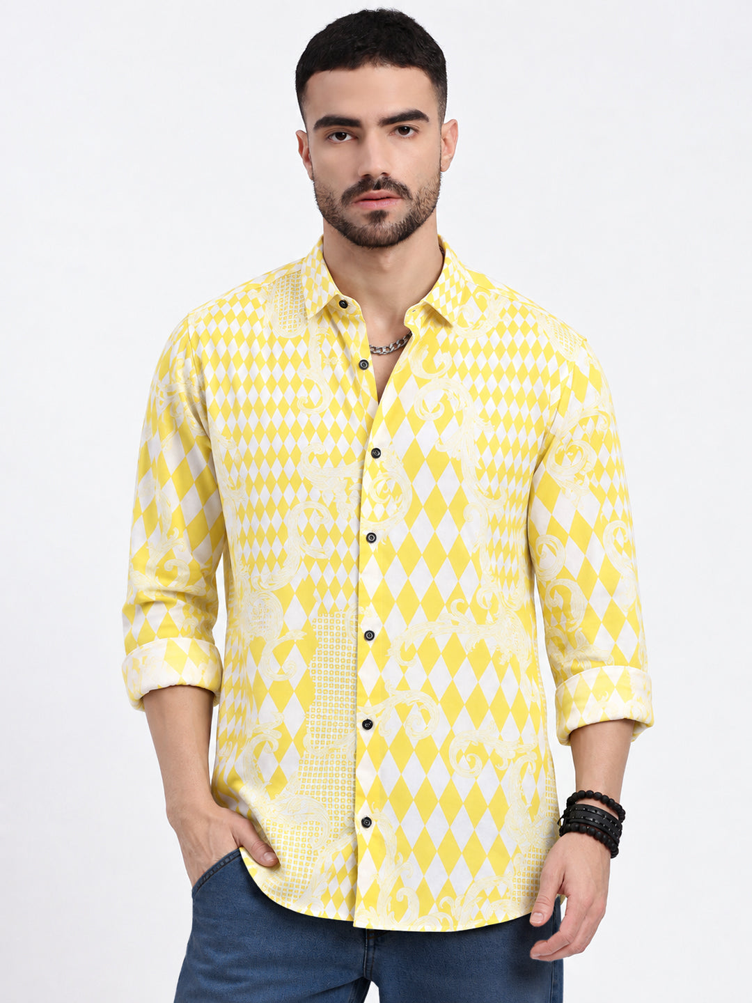 Men’s Printed Yellow Slim Fit Casual Shirt with Spread Collar