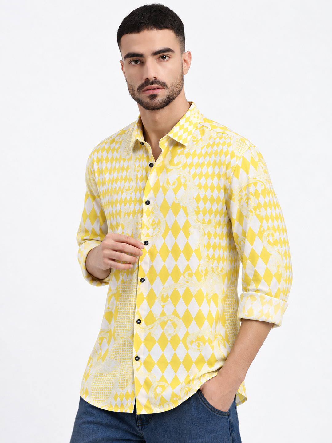Men’s Printed Yellow Slim Fit Casual Shirt with Spread Collar