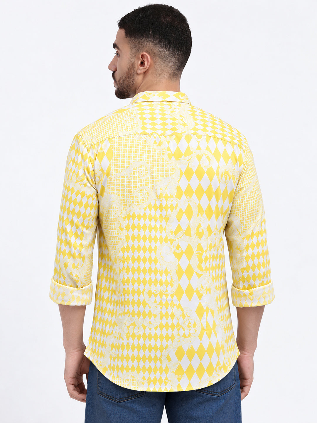 Men’s Printed Yellow Slim Fit Casual Shirt with Spread Collar