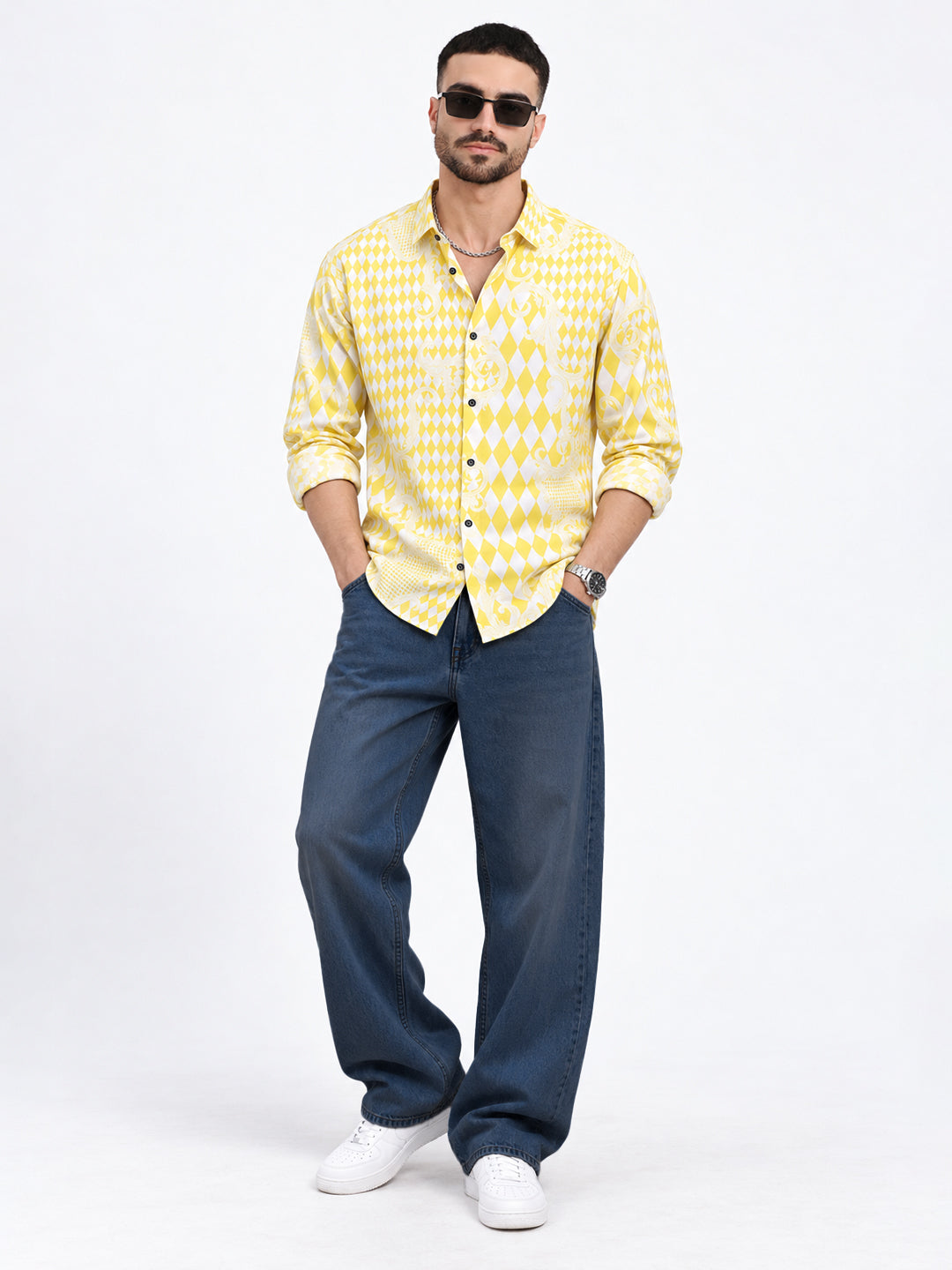 Men’s Printed Yellow Slim Fit Casual Shirt with Spread Collar