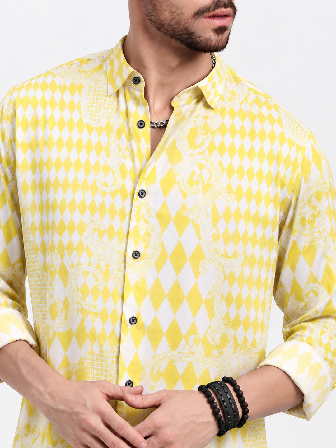 Men’s Printed Yellow Slim Fit Casual Shirt with Spread Collar