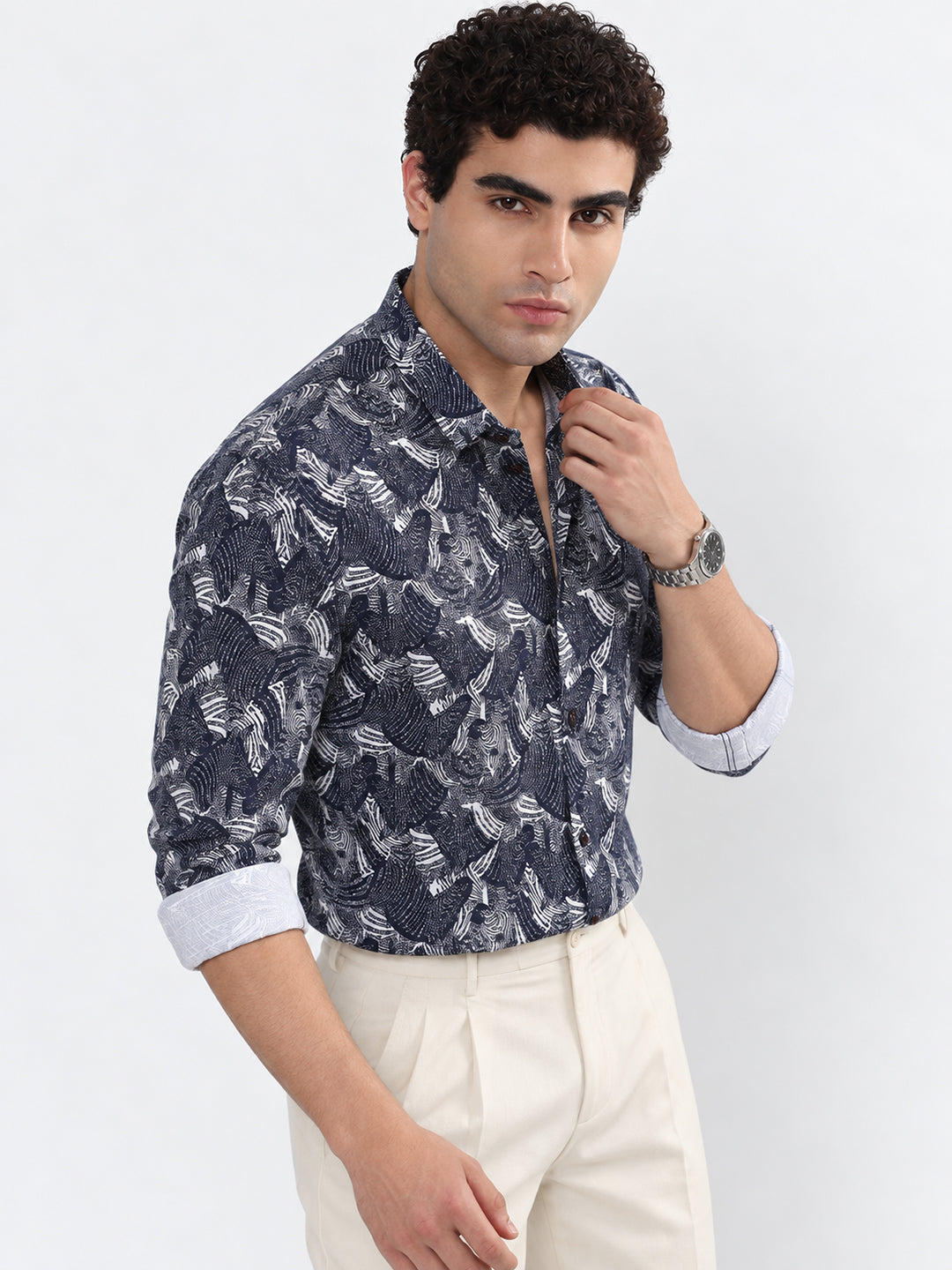 Men’s Printed Navy Blue Slim Fit Casual Shirt with Spread Collar