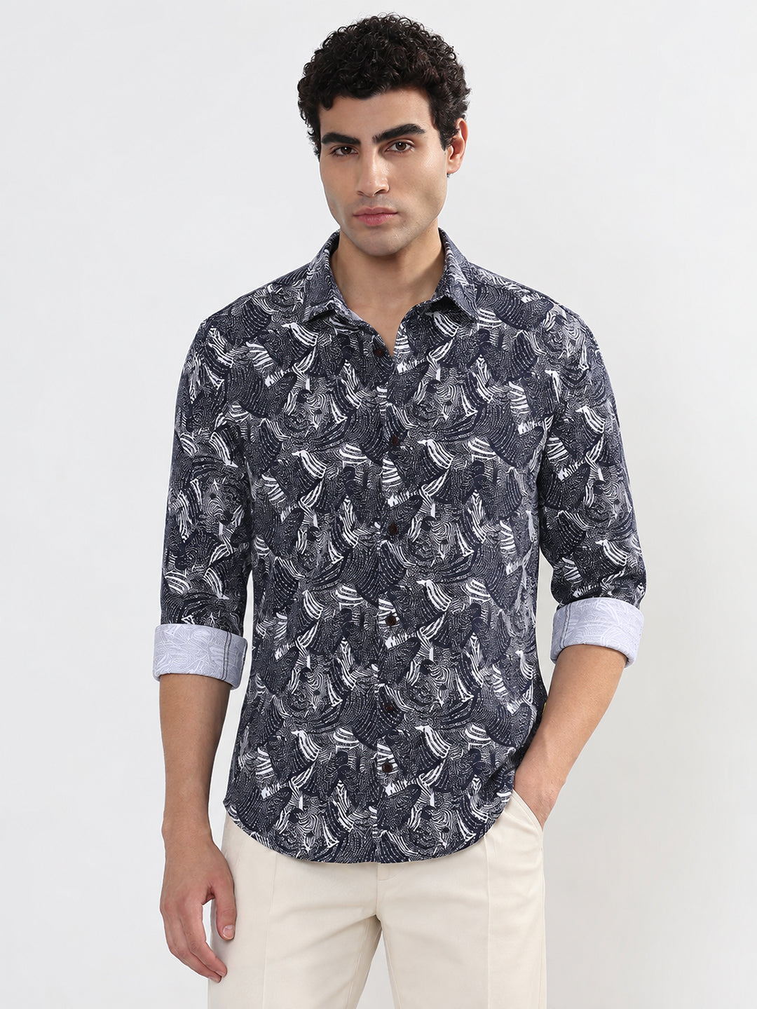 Men’s Printed Navy Blue Slim Fit Casual Shirt with Spread Collar