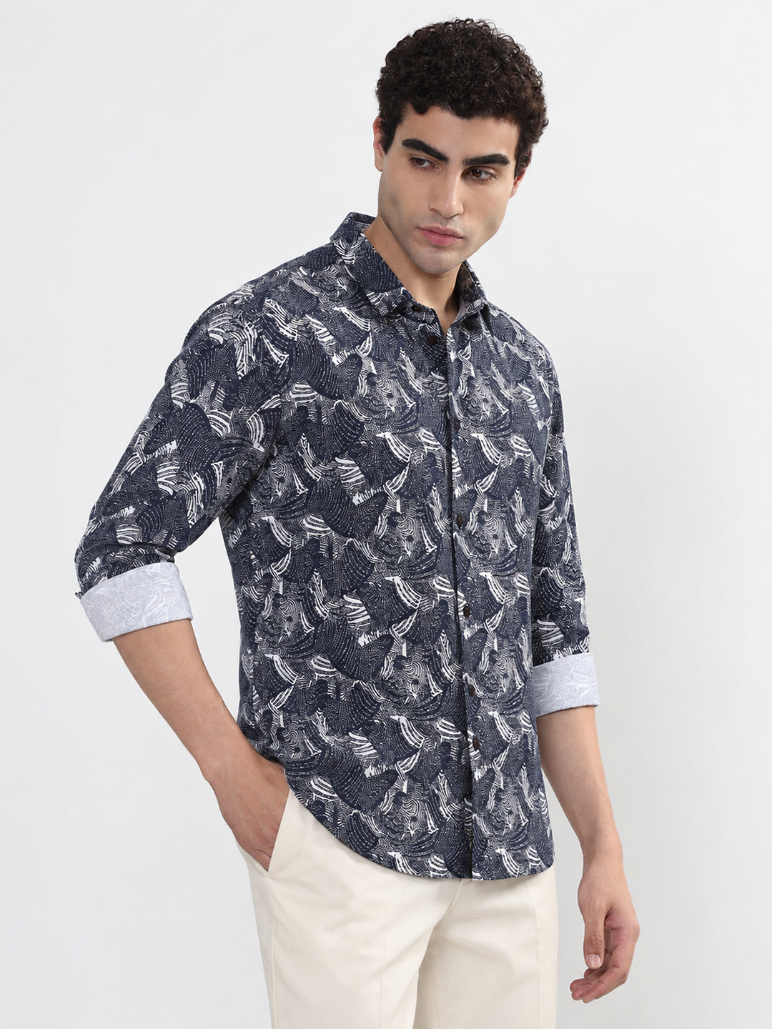 Men’s Printed Navy Blue Slim Fit Casual Shirt with Spread Collar