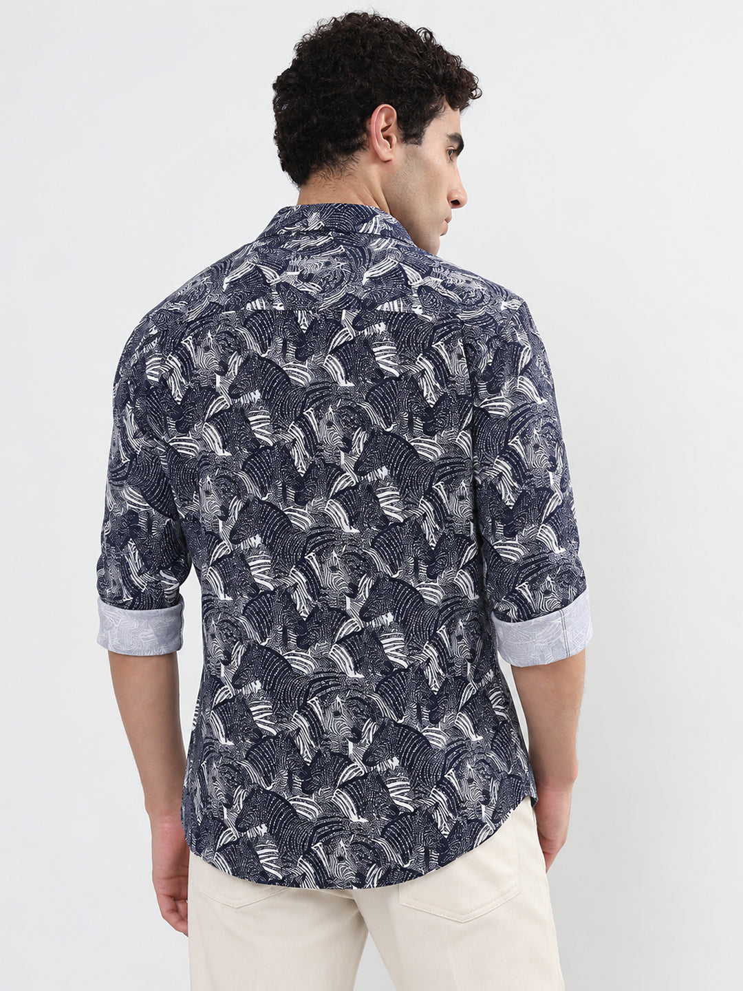 Men’s Printed Navy Blue Slim Fit Casual Shirt with Spread Collar