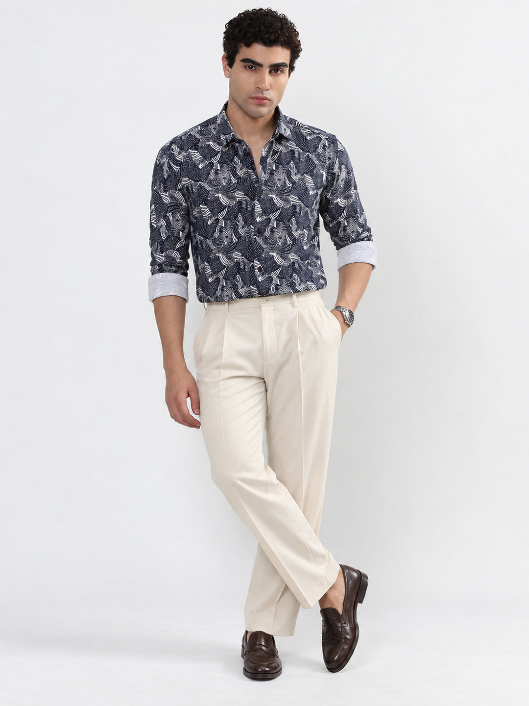 Men’s Printed Navy Blue Slim Fit Casual Shirt with Spread Collar