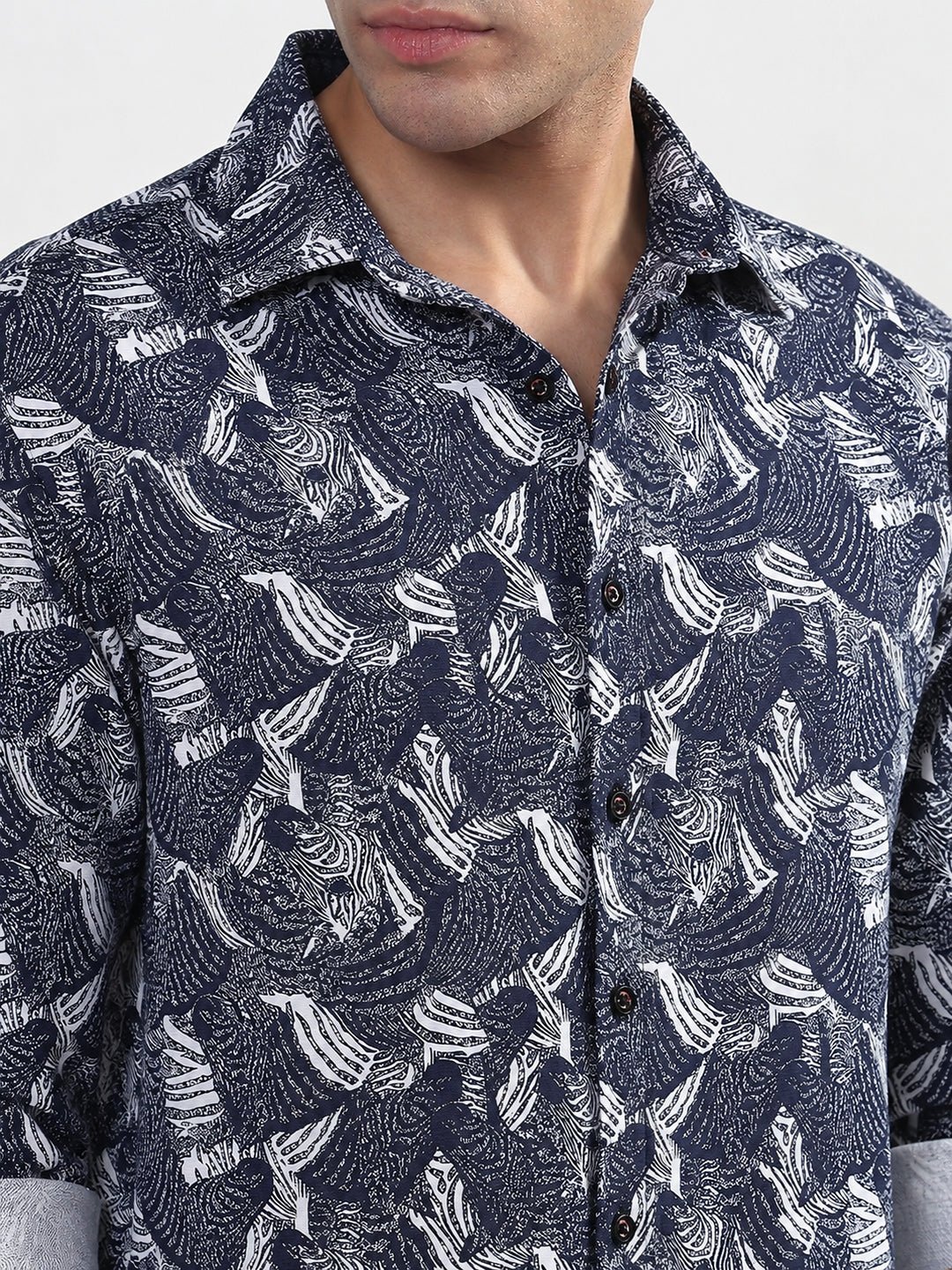 Men’s Printed Navy Blue Slim Fit Casual Shirt with Spread Collar
