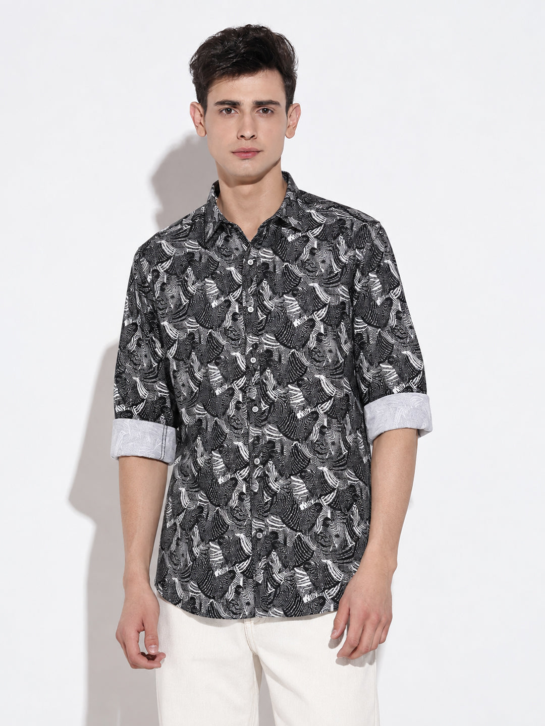 Men’s Abstract Printed Black Slim Fit Casual Shirt with Spread Collar