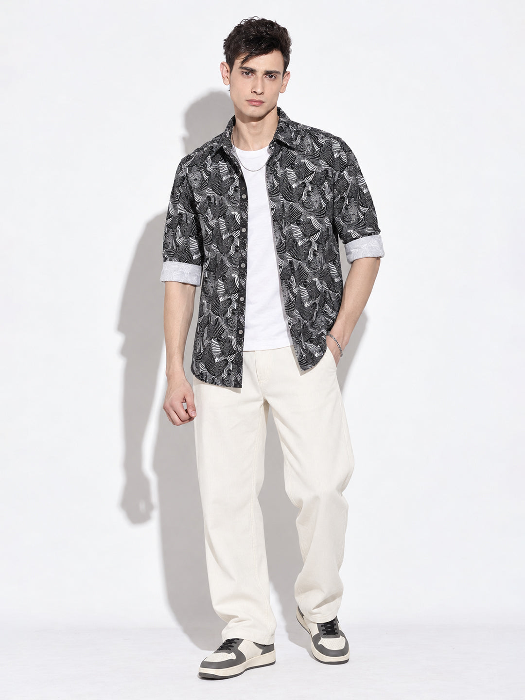 Men’s Abstract Printed Black Slim Fit Casual Shirt with Spread Collar