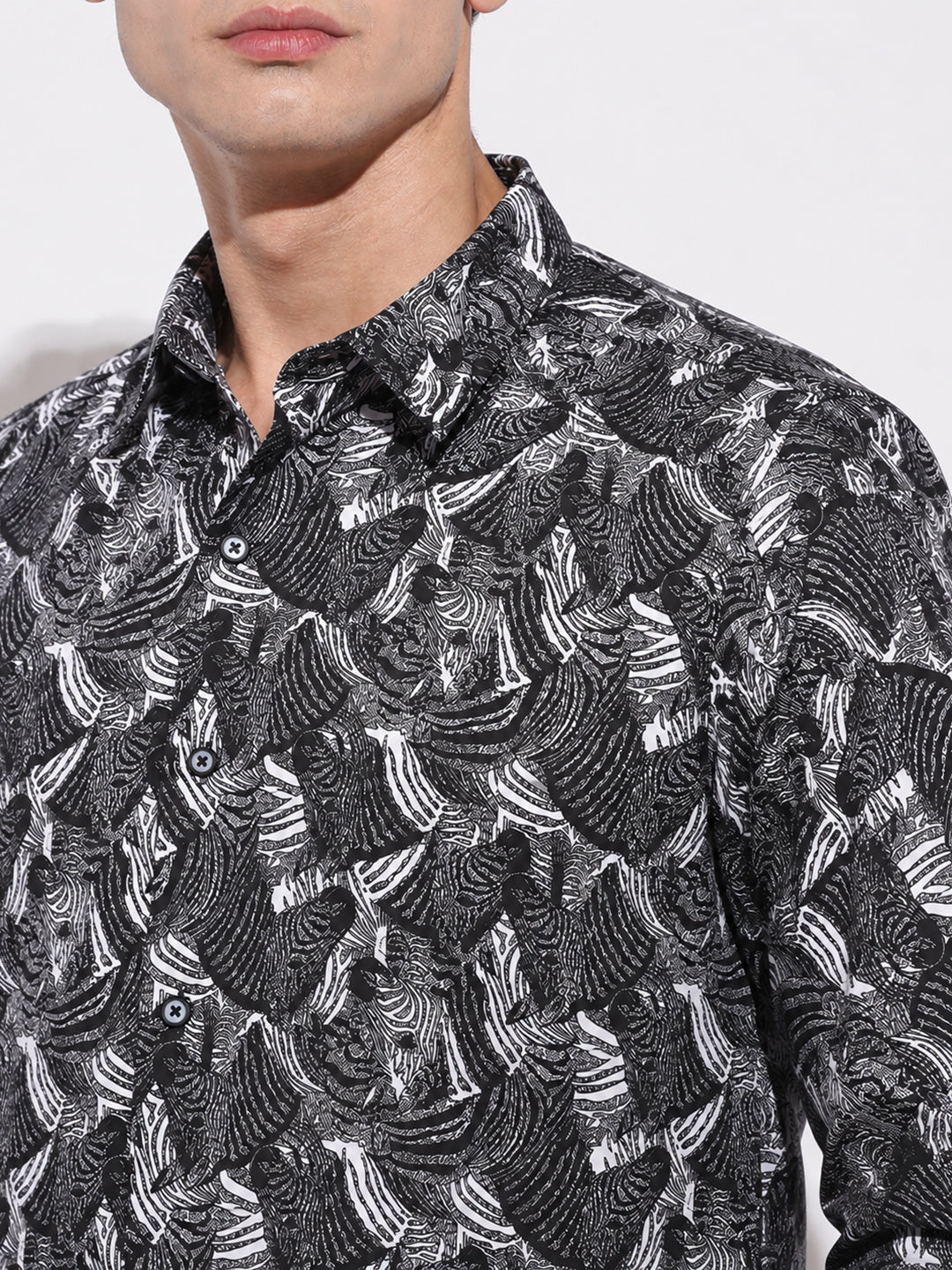 Men’s Abstract Printed Black Slim Fit Casual Shirt with Spread Collar