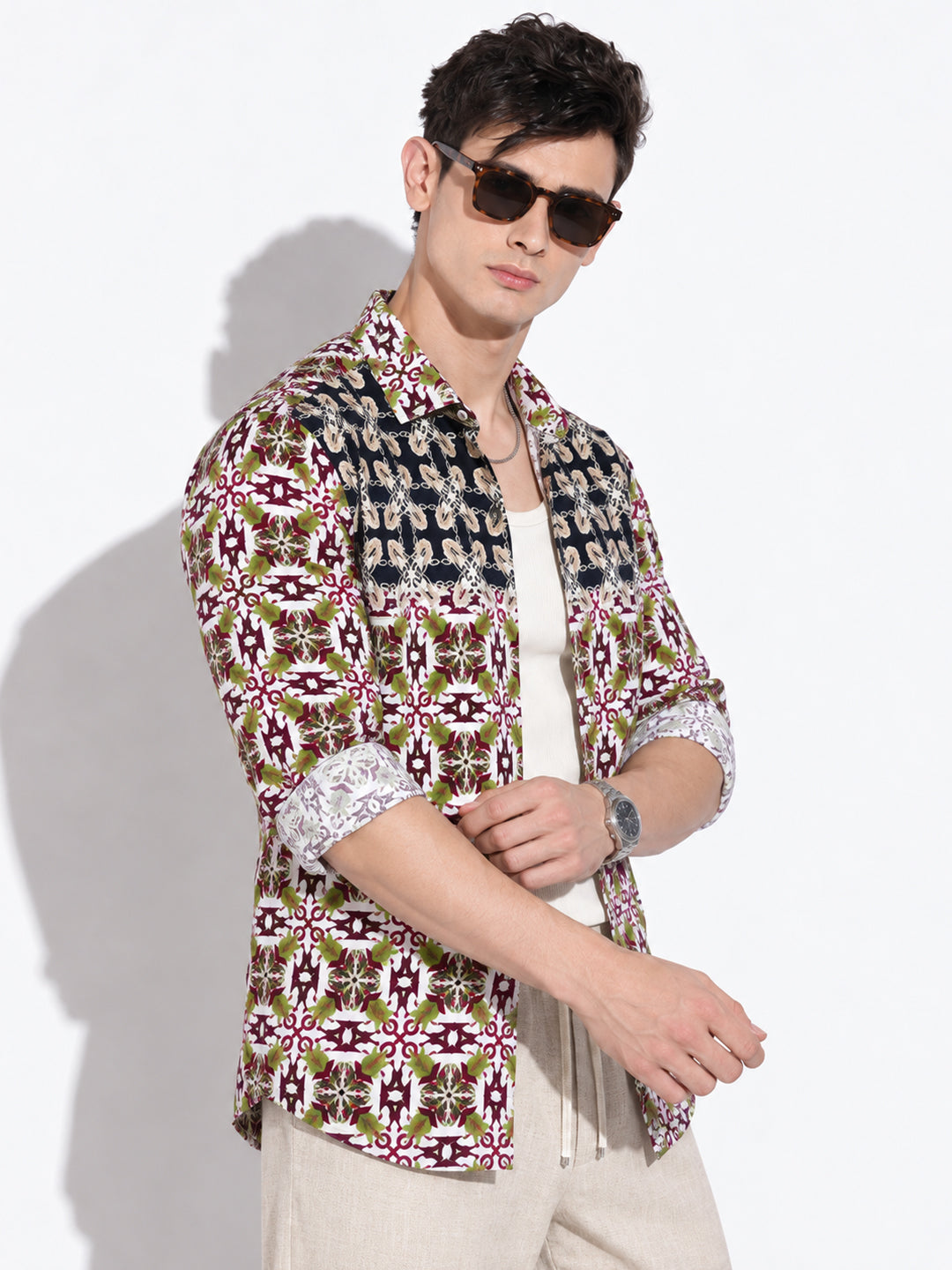Men’s Ethnic Motifs Printed Navy Blue Slim Fit Casual Shirt