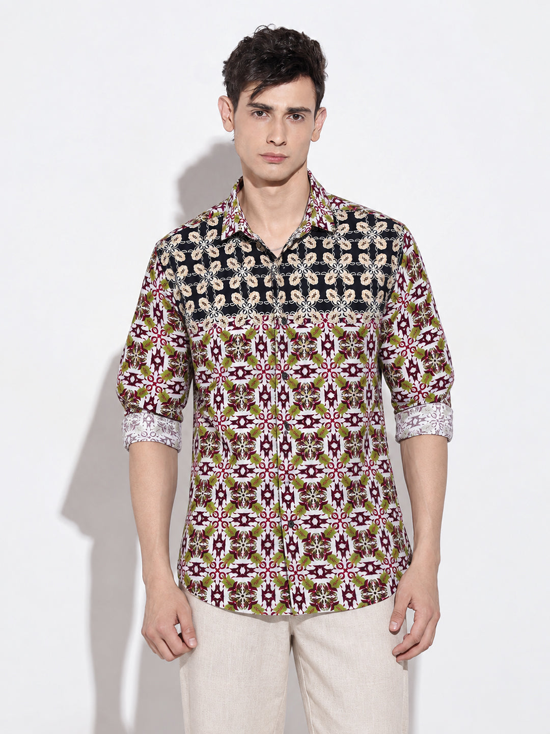 Men’s Ethnic Motifs Printed Navy Blue Slim Fit Casual Shirt
