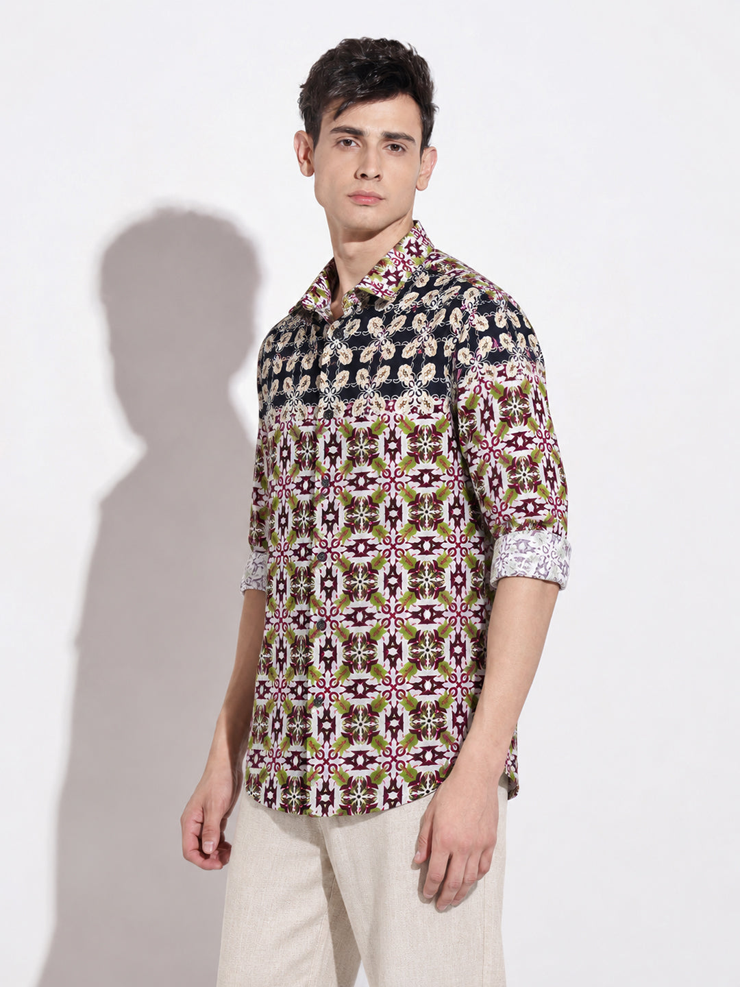 Men’s Ethnic Motifs Printed Navy Blue Slim Fit Casual Shirt