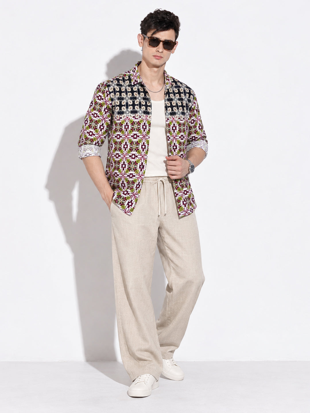 Men’s Ethnic Motifs Printed Navy Blue Slim Fit Casual Shirt