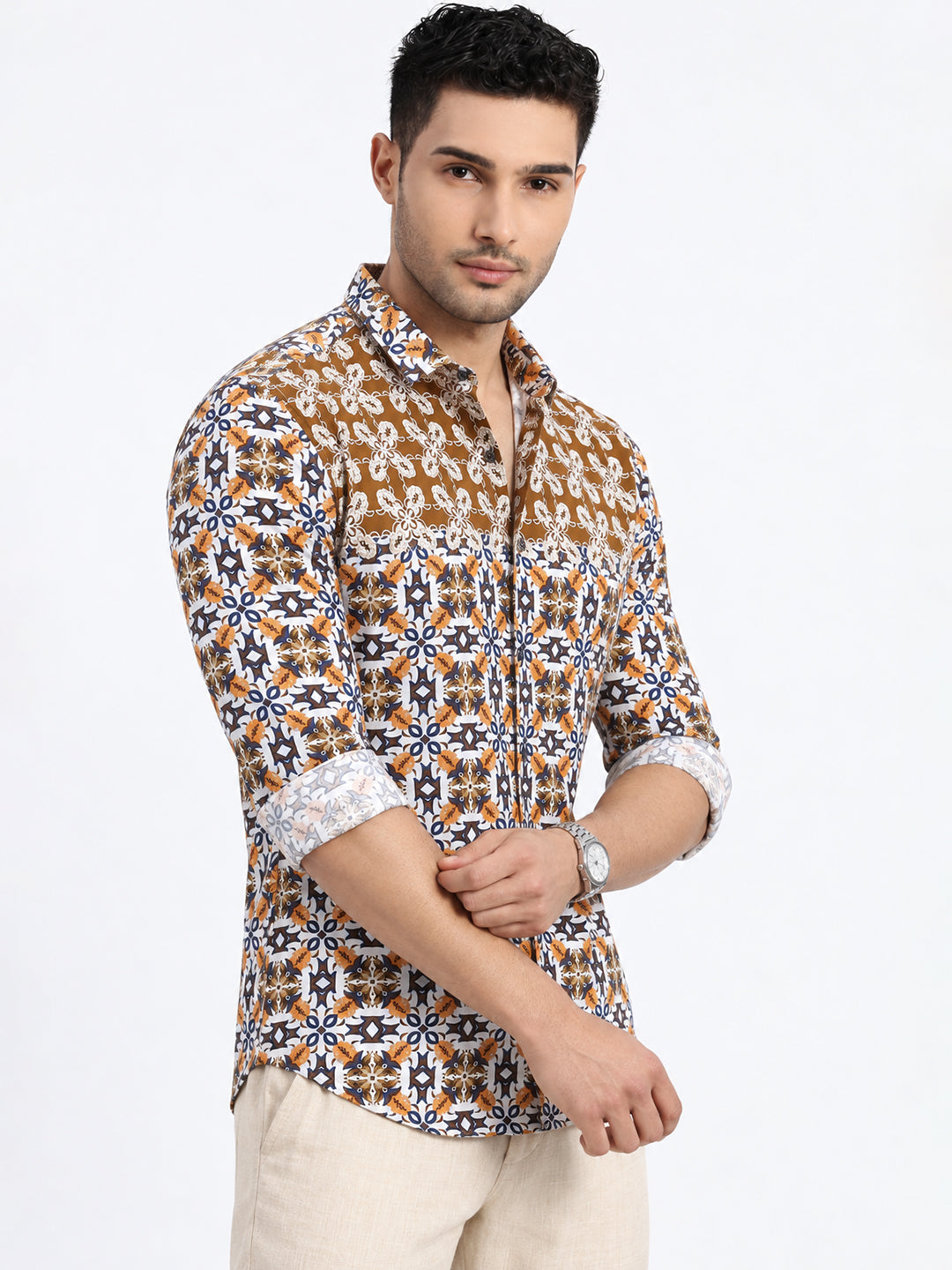 Men’s Printed Brown Slim Fit Long Sleeves Casual Shirt