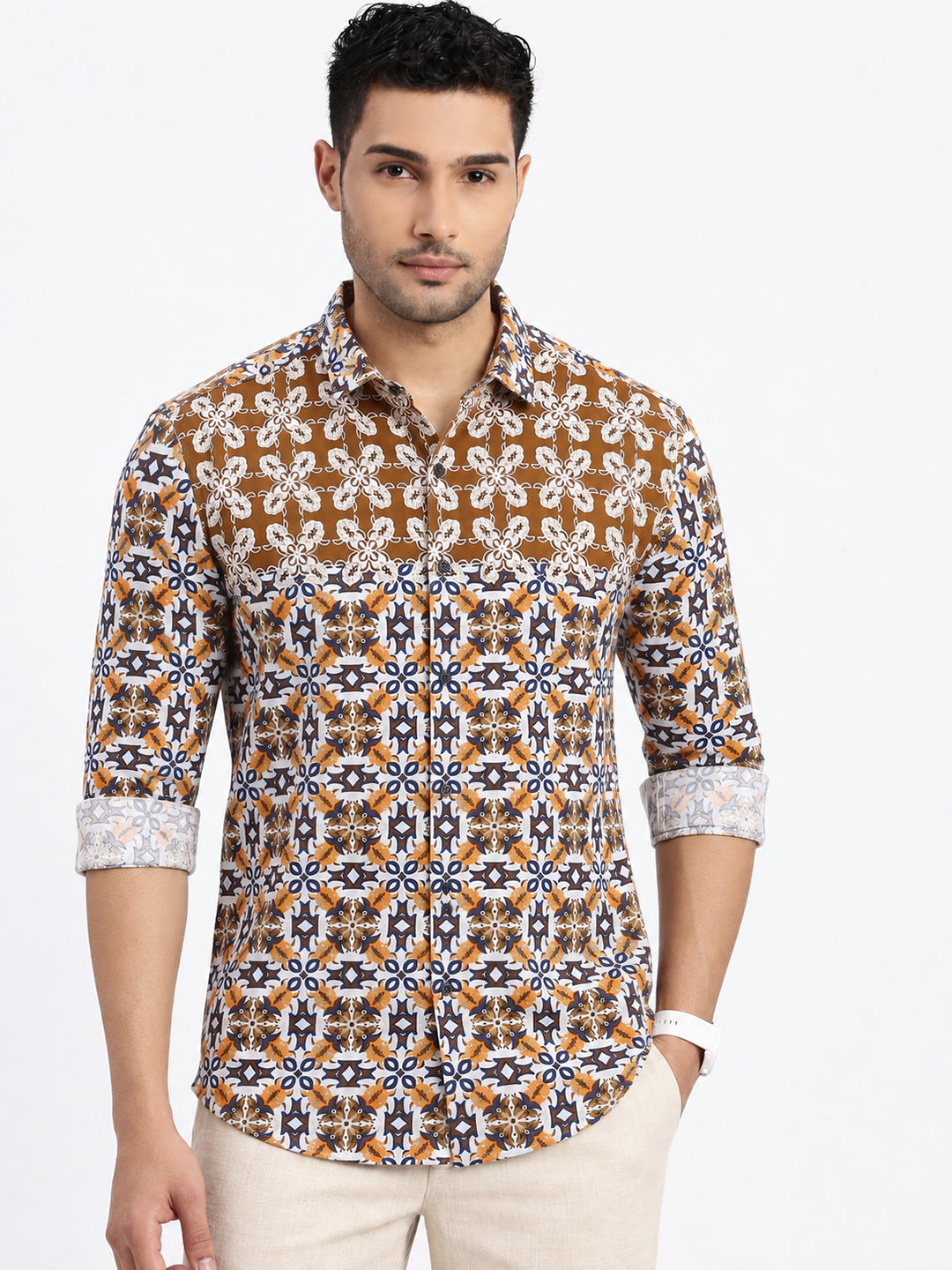 Men’s Printed Brown Slim Fit Long Sleeves Casual Shirt