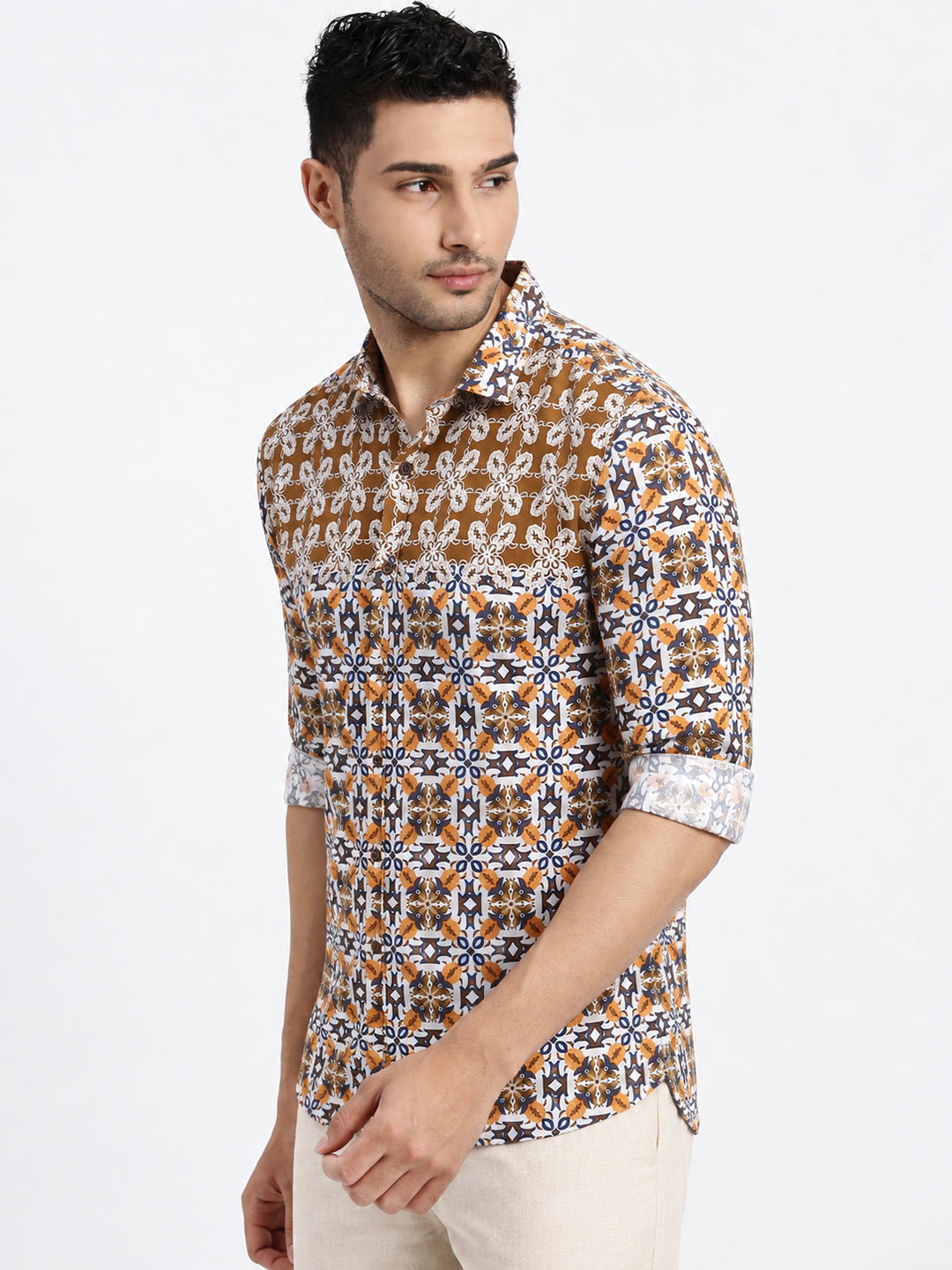 Men’s Printed Brown Slim Fit Long Sleeves Casual Shirt